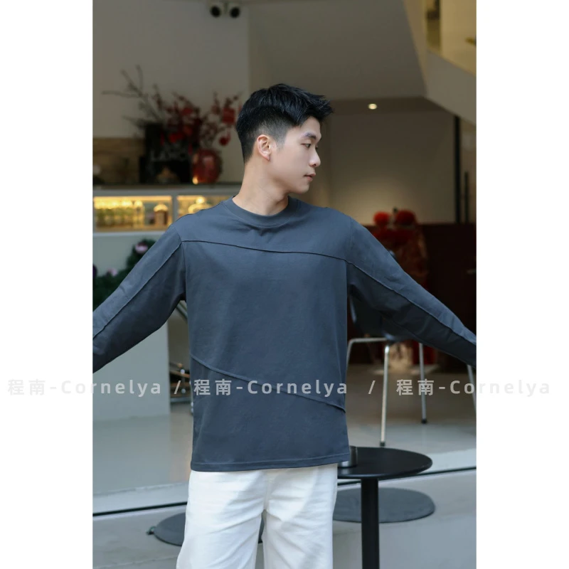 C / Cornelya 舒爽棉 不对称立体压线简约百搭宽松长袖T恤圆领