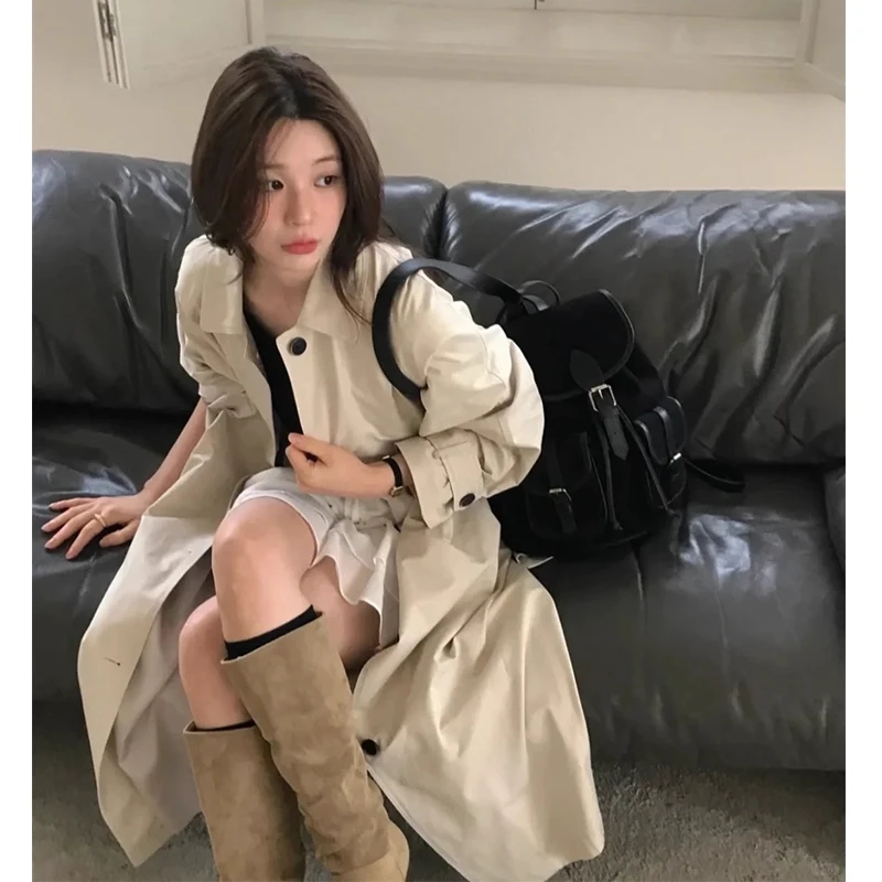 【刘噗噗】 首尔❶气质组 韩国经典款翻领单排扣长款风衣外套T08