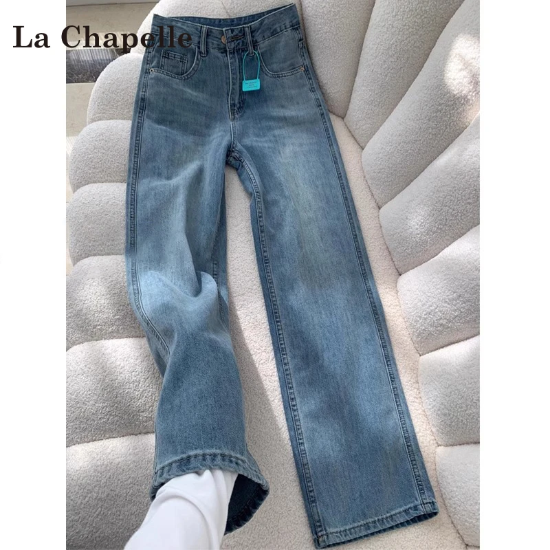 拉夏贝尔浅蓝色阔腿牛仔裤女2025新款小个子窄版显瘦加绒直筒裤子