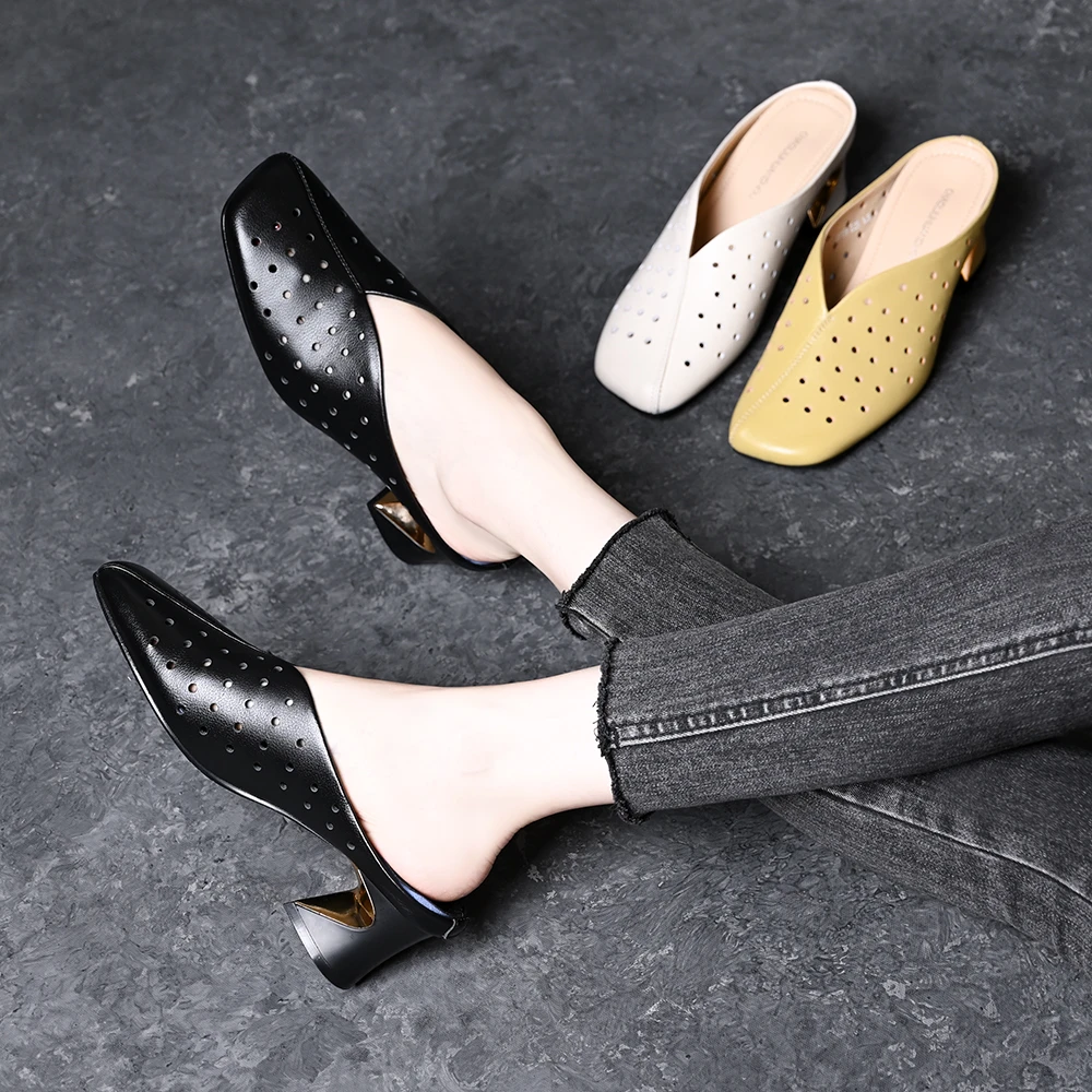 头层牛皮包头外穿半拖女2025夏季新款小方头粗跟百搭镂空洞洞凉拖