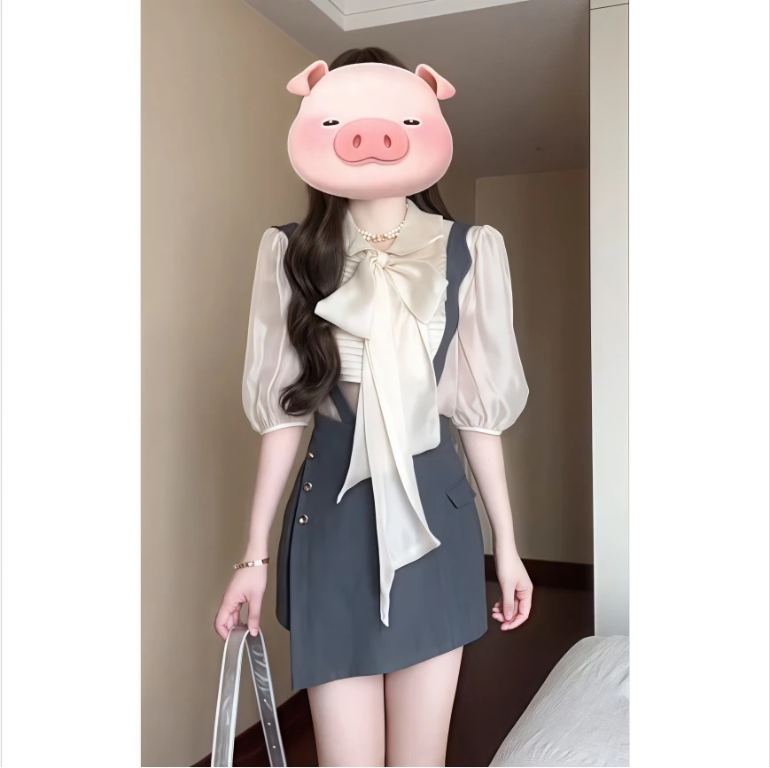 气质御姐穿搭一整套女夏季高级感蝴蝶结衬衫高腰背带裤裙两件套装