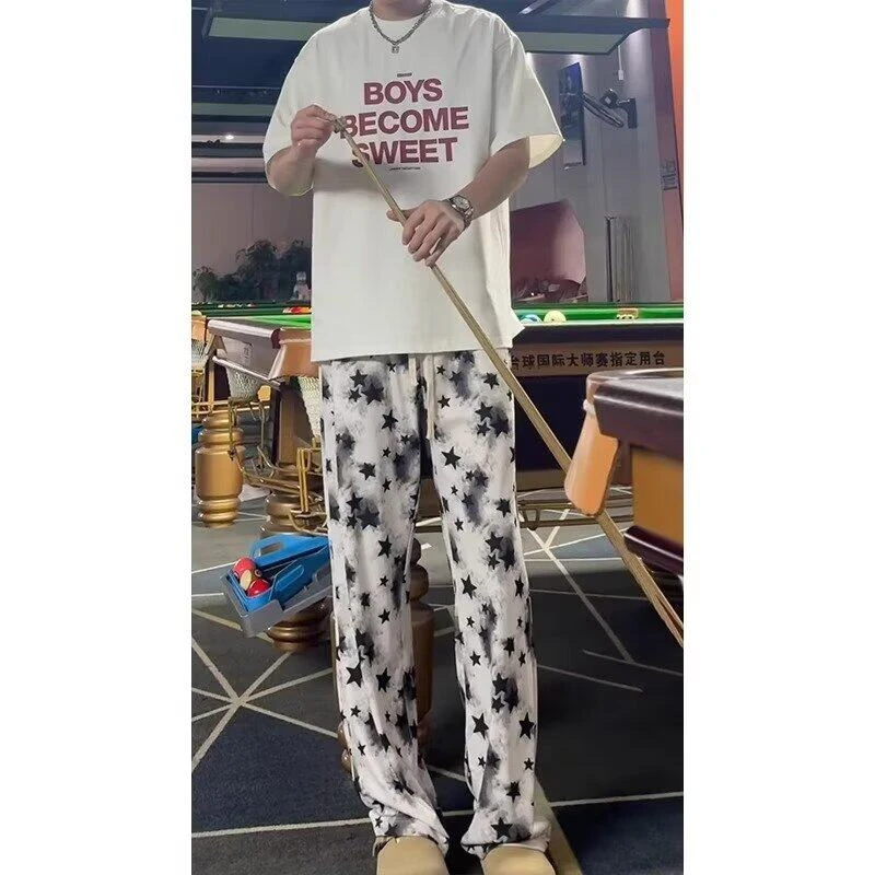 美式潮牌冰丝星星裤子男款夏季慵懒松弛感休闲长裤宽松情侣遛弯裤
