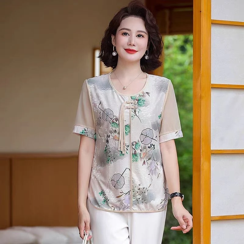 妈妈夏装T恤2025新款洋气50岁中老年新中式国风小衫