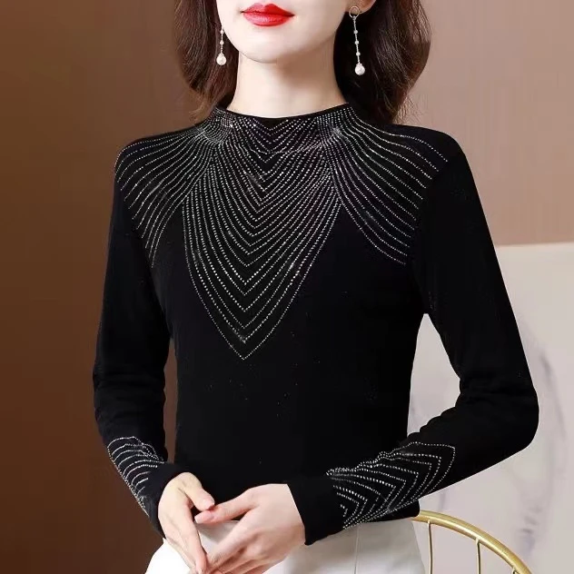 烫钻上衣女春季新款显瘦黑色洋气气质时尚修身百搭长袖打底衫