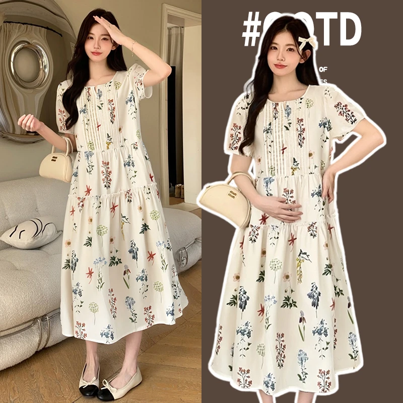 2025孕妇装新款碎花裙中长款外穿气质高级感夏季圆领T恤裙时尚