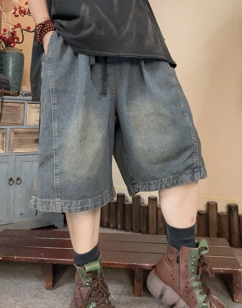 【语禾】3282复古休闲宽松大码水洗牛仔六分裤（裤长61臀围130）