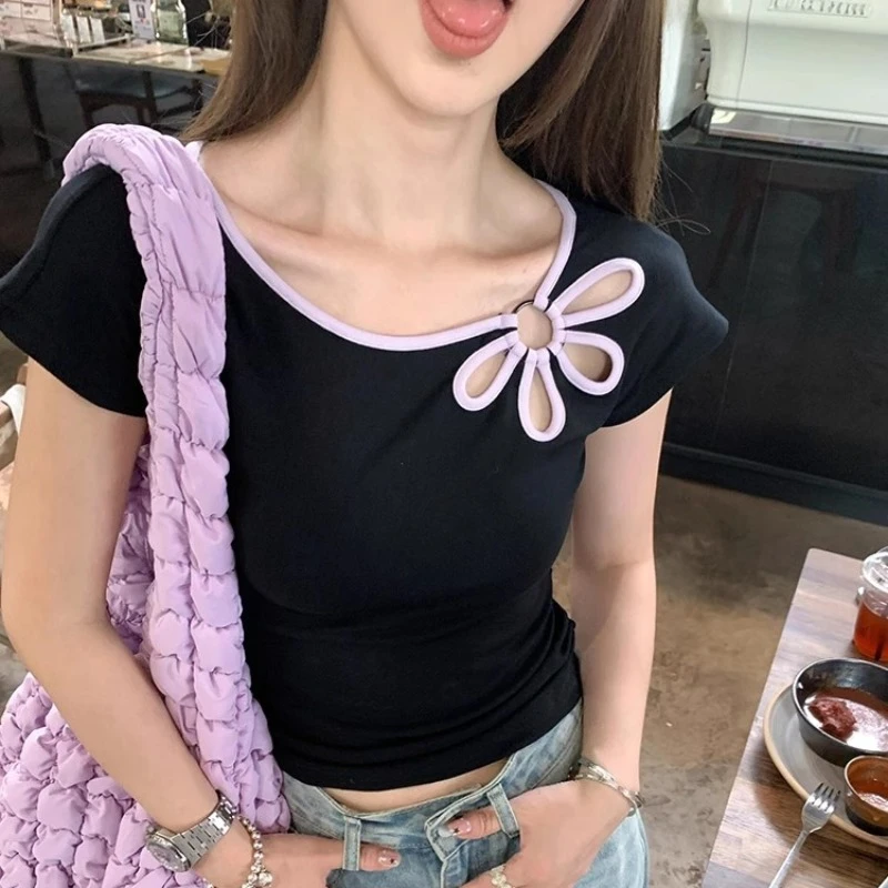 大码胖mm黑色花朵镂空短袖T恤女夏季设计感修身显瘦百搭复古上衣
