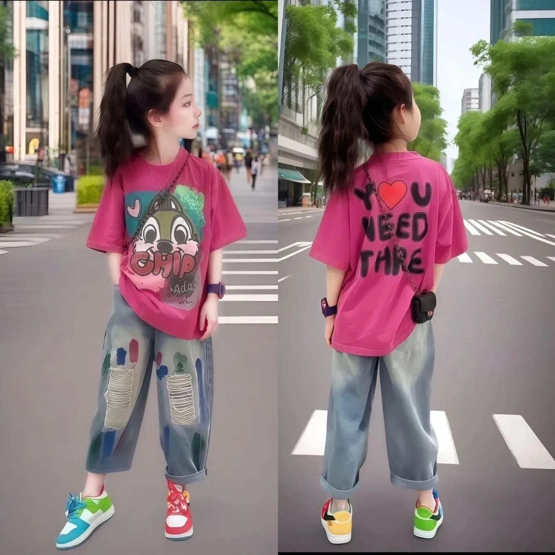 女童夏装套装2025新款中大童韩系短袖炸街牛仔裤女孩甜酷两件套潮