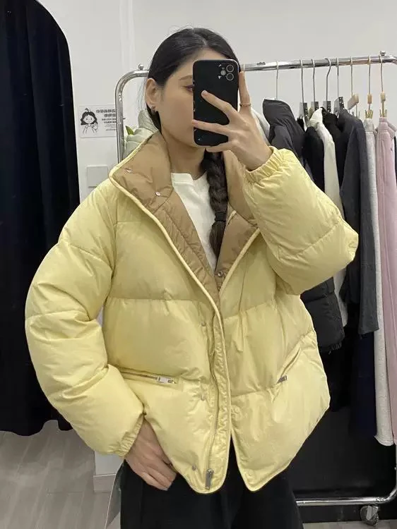 厂家清～新国标90白鸭绒立领拼色羽绒服外套8275