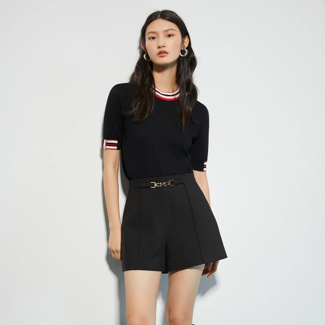 【芊芊专属】百搭套头针织衫女秋季复古领口撞色设计感短袖