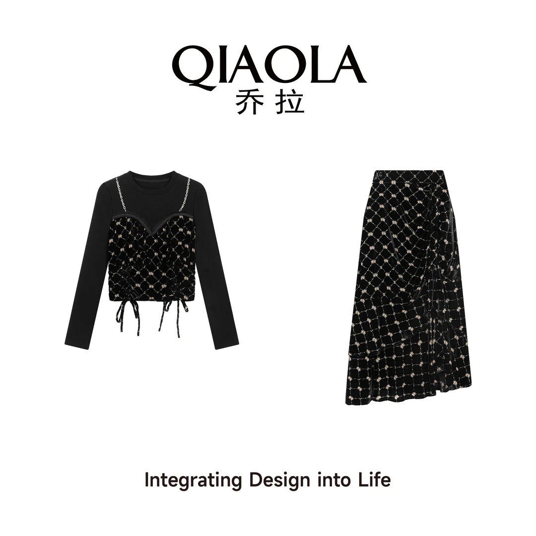 QIAOLA/乔拉【墨蝶舞步】秋季平绒烧花碎花假两件轻奢时尚套装预售
