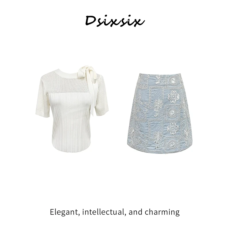 Yeah Me-【晨曦漫步】春夏针织休闲百搭镂空显瘦立体刺绣半身裙套装