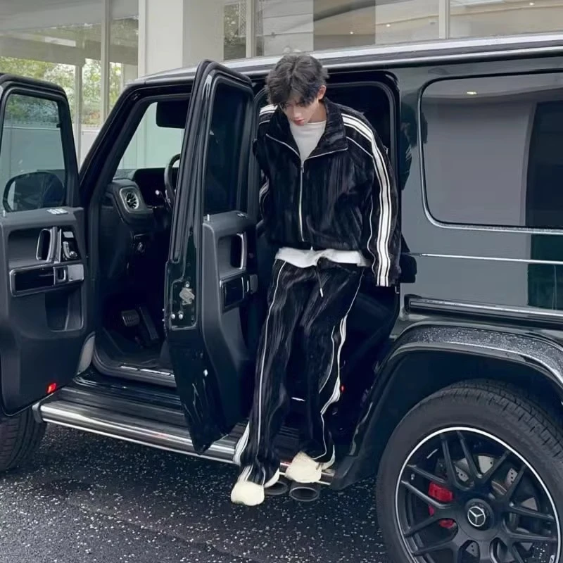 春秋新款竖条纹休闲运动套装男士韩系潮流卫衣直筒卫裤情侣两件套