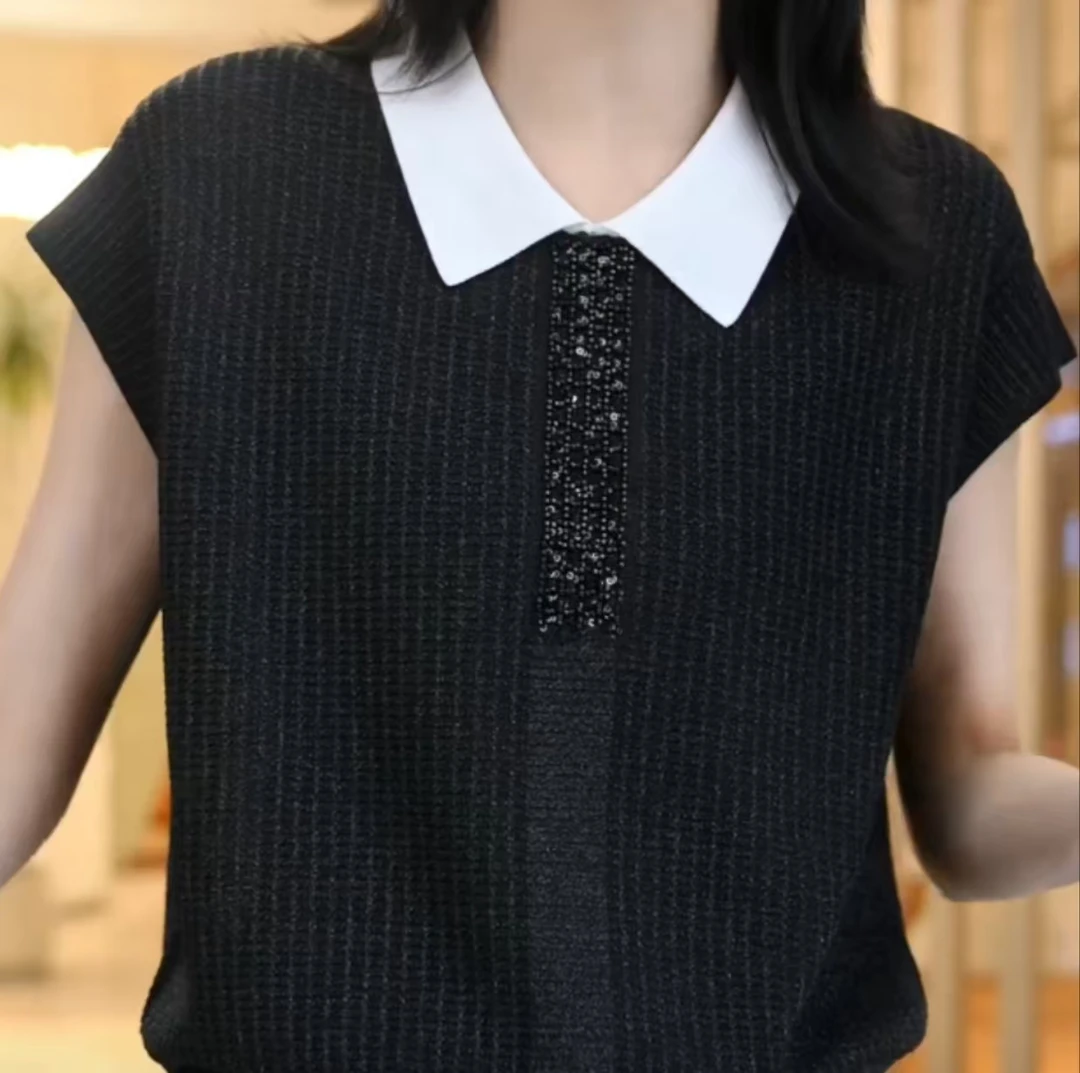 2025夏日翻领上衣女士冰丝针织衫修身透气