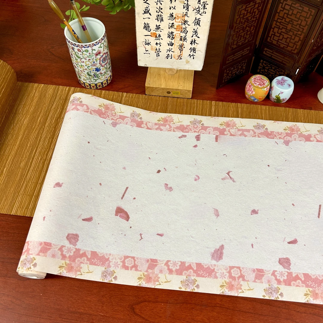 90.【宋锦粉色桃花长卷】蜡染半生熟34cm*10m一卷