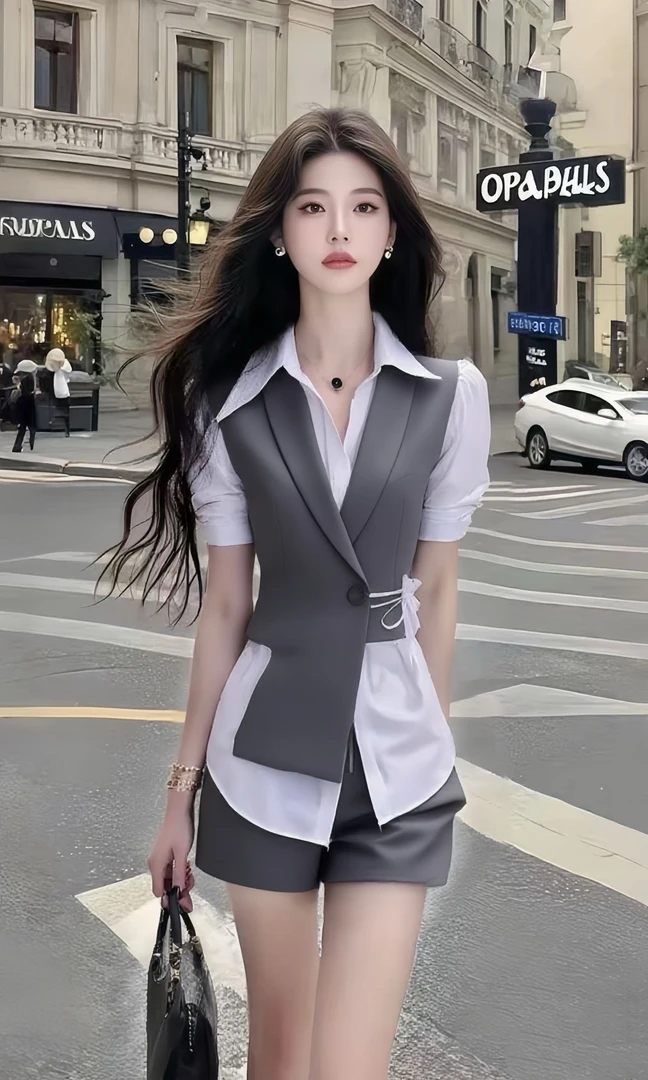 夏季温柔知性风设计感衬衫领深灰色修身收腰短袖两件套女气质女装