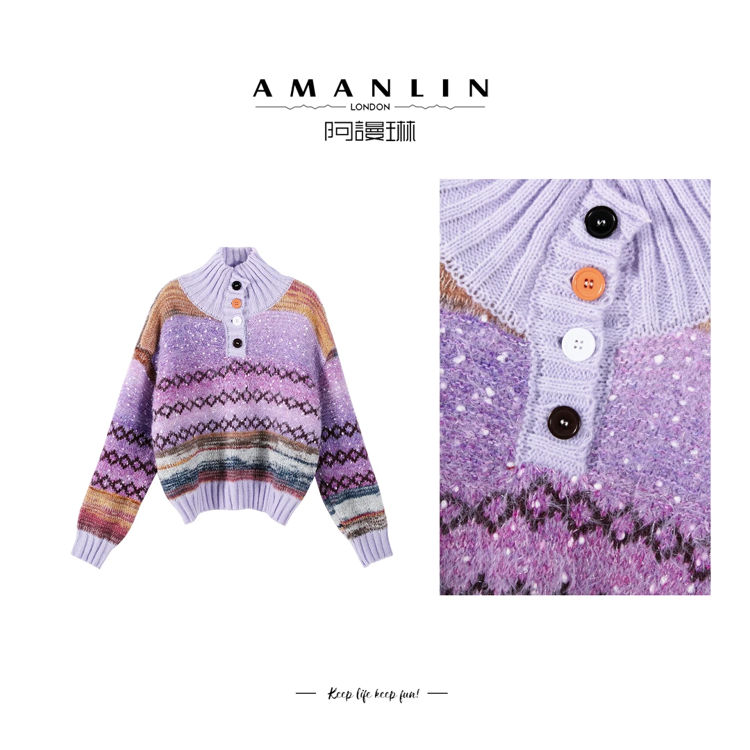 冬季穿搭立领设计感条纹针织百搭气质时尚上衣女F595196