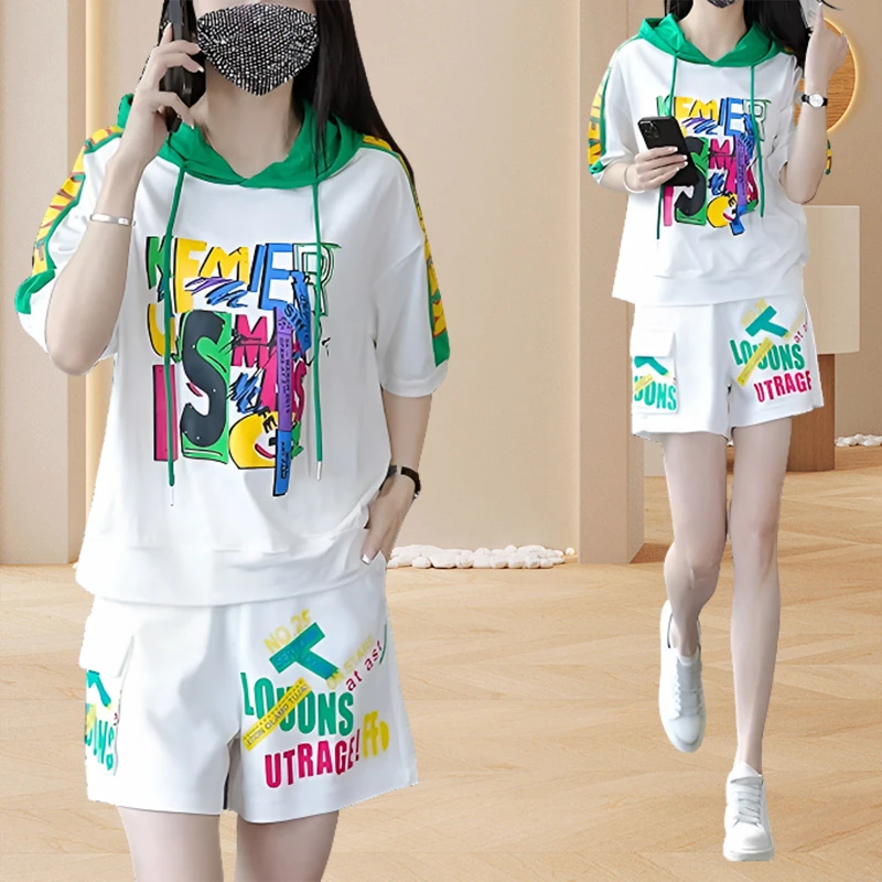 欧货大码宽松连帽运动套装小众设计感短袖短裤休闲两件套整套穿搭