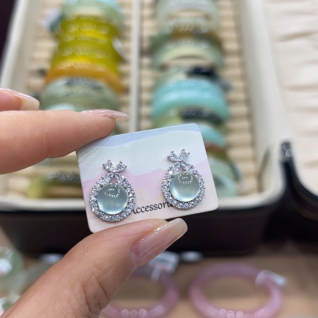 C***D蛇纹石玉银S925镶嵌耳钉