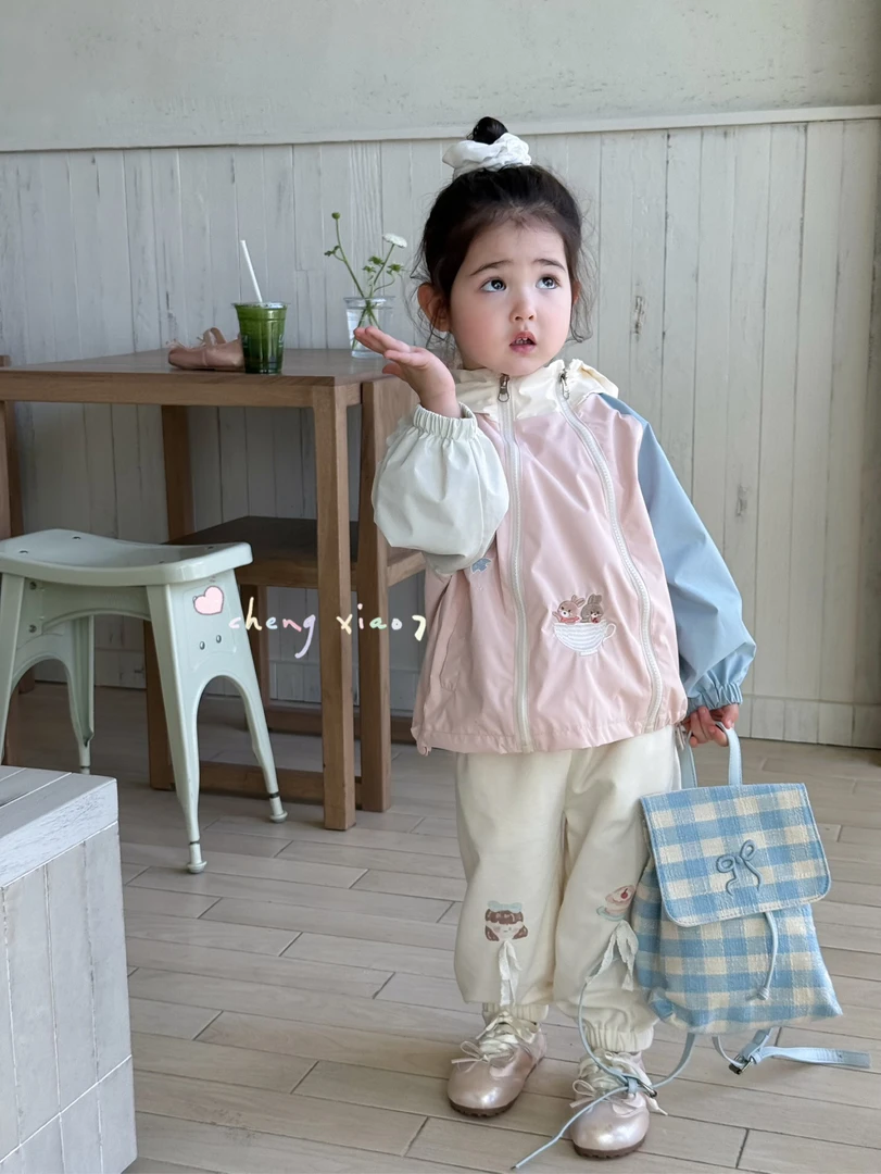 橙小七 2025春款小兔子连帽拉链外套开衫冲锋衣潮女童小童休闲裤