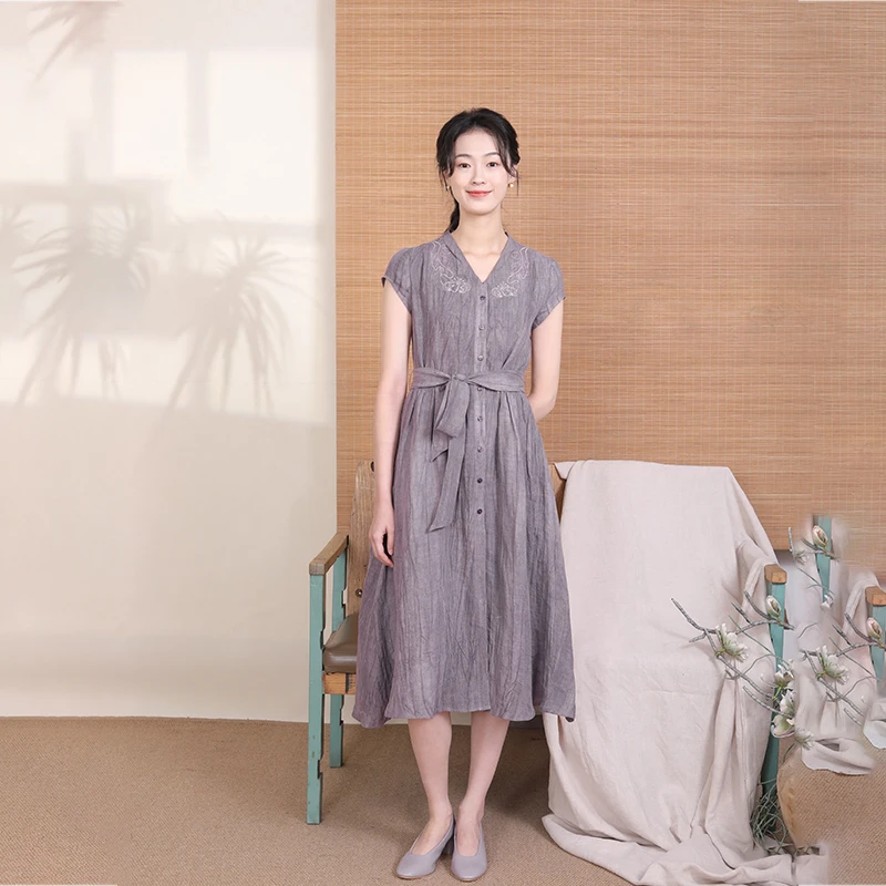 LXDLY8布符夏季新款连衣裙炒色扎染v领透气舒适慵懒女装