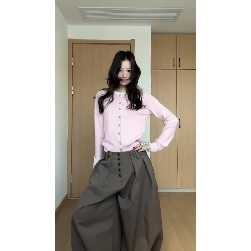 韩系温柔风撞色假两件针织衫女秋季新款格纹拼接上衣+裤子两件套