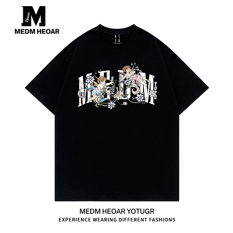 MEDM HEOAR美式国潮牌小天使短袖夏季设计感t恤男女款纯棉体恤衫