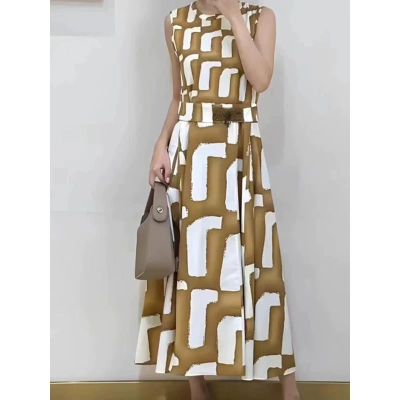 【洪臻】夏季新款时尚艺术拼接无袖圆领连衣裙25323