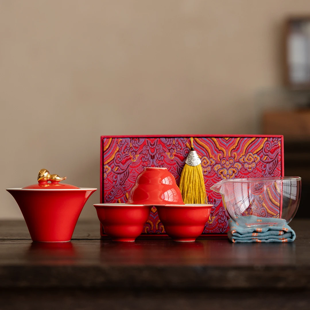 故宫红金葫芦茶具套装一壶三杯礼盒装便携式泡茶盖碗茶杯送礼佳品