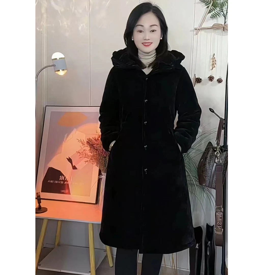 040连帽裙袍冬季新款女三层加厚加绒外穿家居服长款夹棉保暖长袍