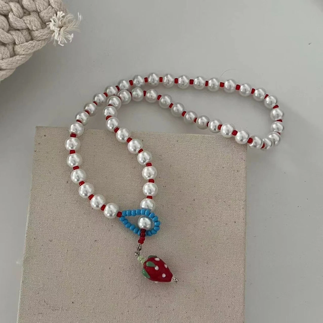 铜合金仿珍珠项链 1084韩版定制小草莓项链