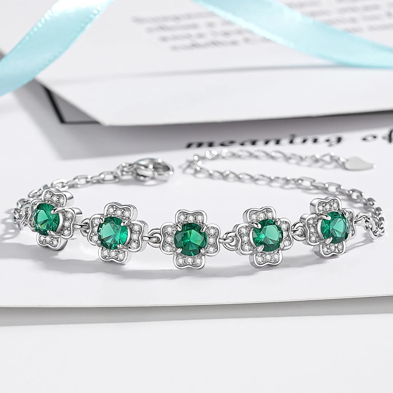 黄铜锆石手链 民族风格四叶草绿玉锆石高级感设计轻奢百搭手链女