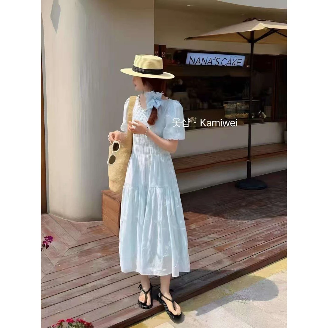 清 2887 温柔甜美刺绣泡泡袖亮片圆领压皱收腰气质显瘦长款连衣裙