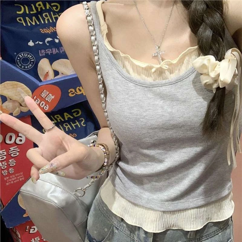 纯欲吊带背心纯欲风撞色假两件女夏季新款小众设计感修身显瘦上衣