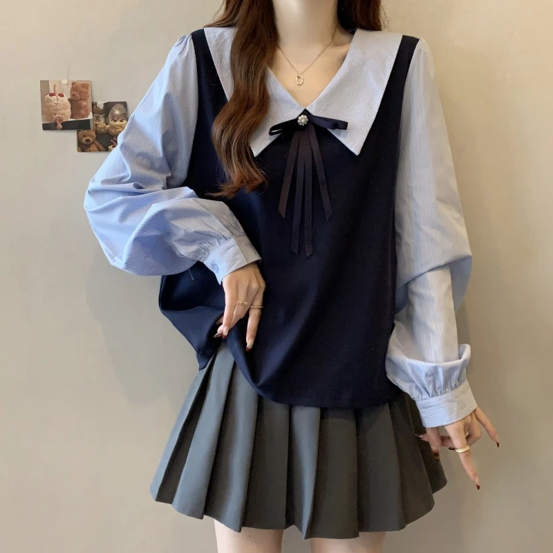 大码女装法式假两件娃娃领长袖衬衫春秋新款胖mm显瘦减龄百搭上衣