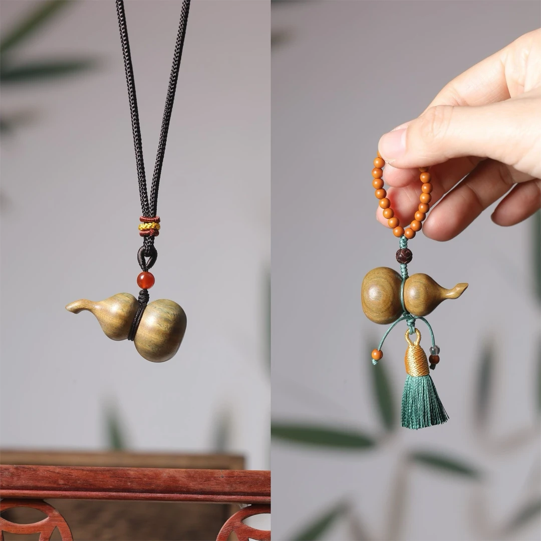 天然绿檀木葫芦挂件福禄脖挂绳吊坠小手捻手把件男女可把玩可佩戴