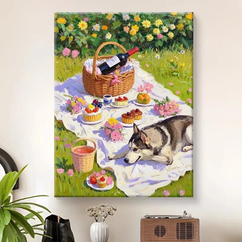 (春日野餐）diy数字油画红线条手工填涂色解压治愈送礼丙烯装饰画