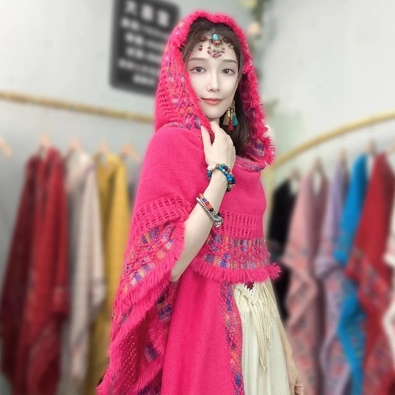 旅游民族风连帽披肩女外搭新疆云南波西米亚空调房流苏针织衫斗篷