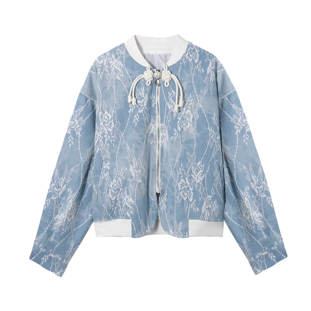 【云云专属】F1107：蕾丝牛仔外套国风盘扣棒球服