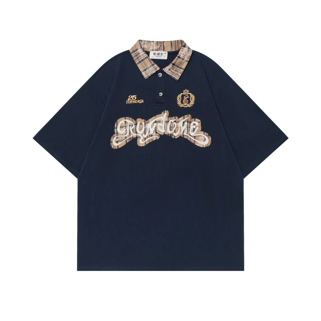 美式复古格子刺绣学院风短袖T恤男女POLO衫趣味半袖情侣潮