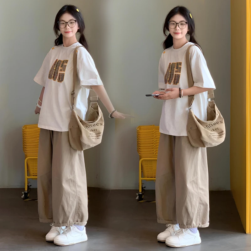 夏季宽松休闲两件套装少女初高中学生ins阔腿裤慵懒风穿搭一整套