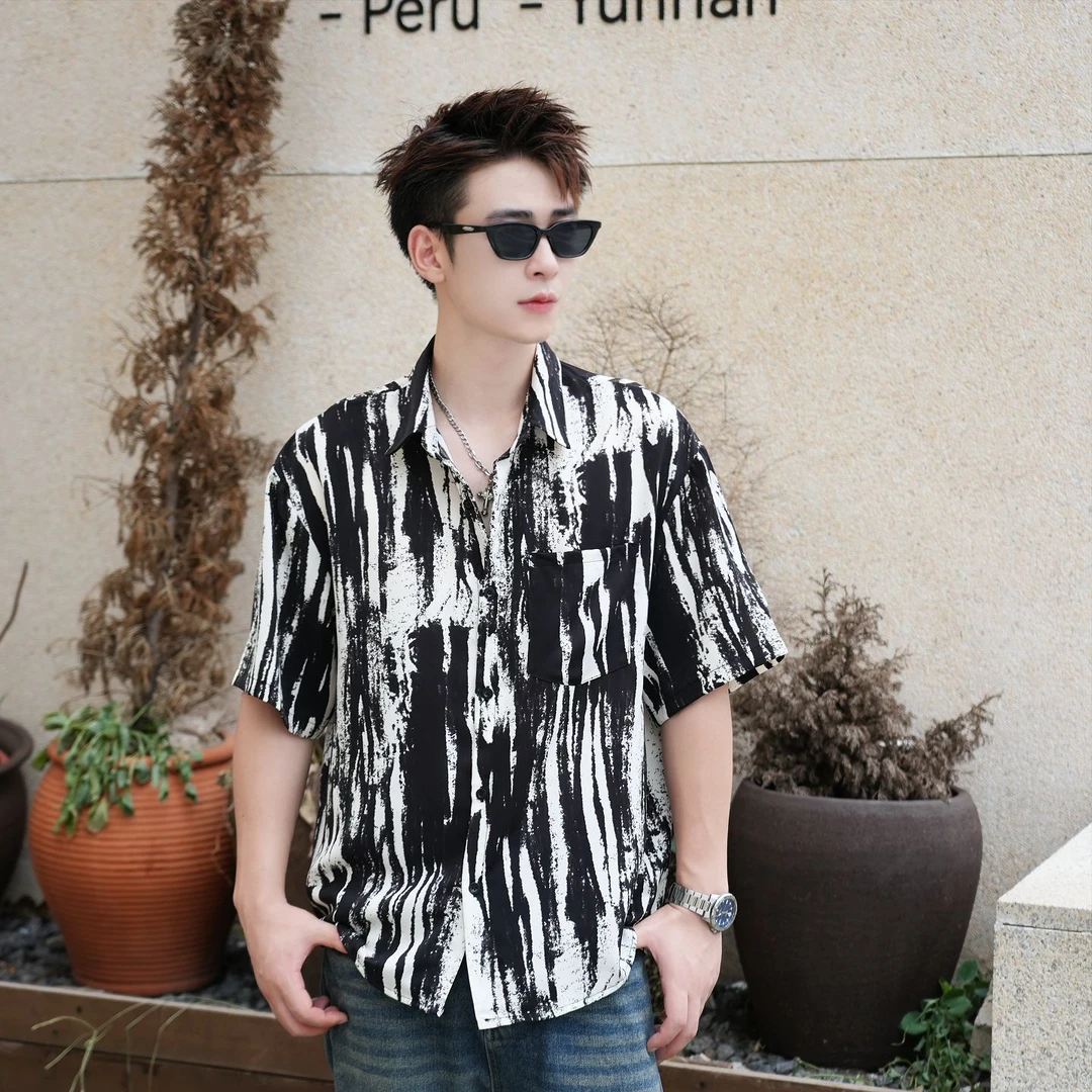 【夏末清仓】冰丝凉感短袖衬衫男条纹水墨印染休闲宽松薄款印花衬衣