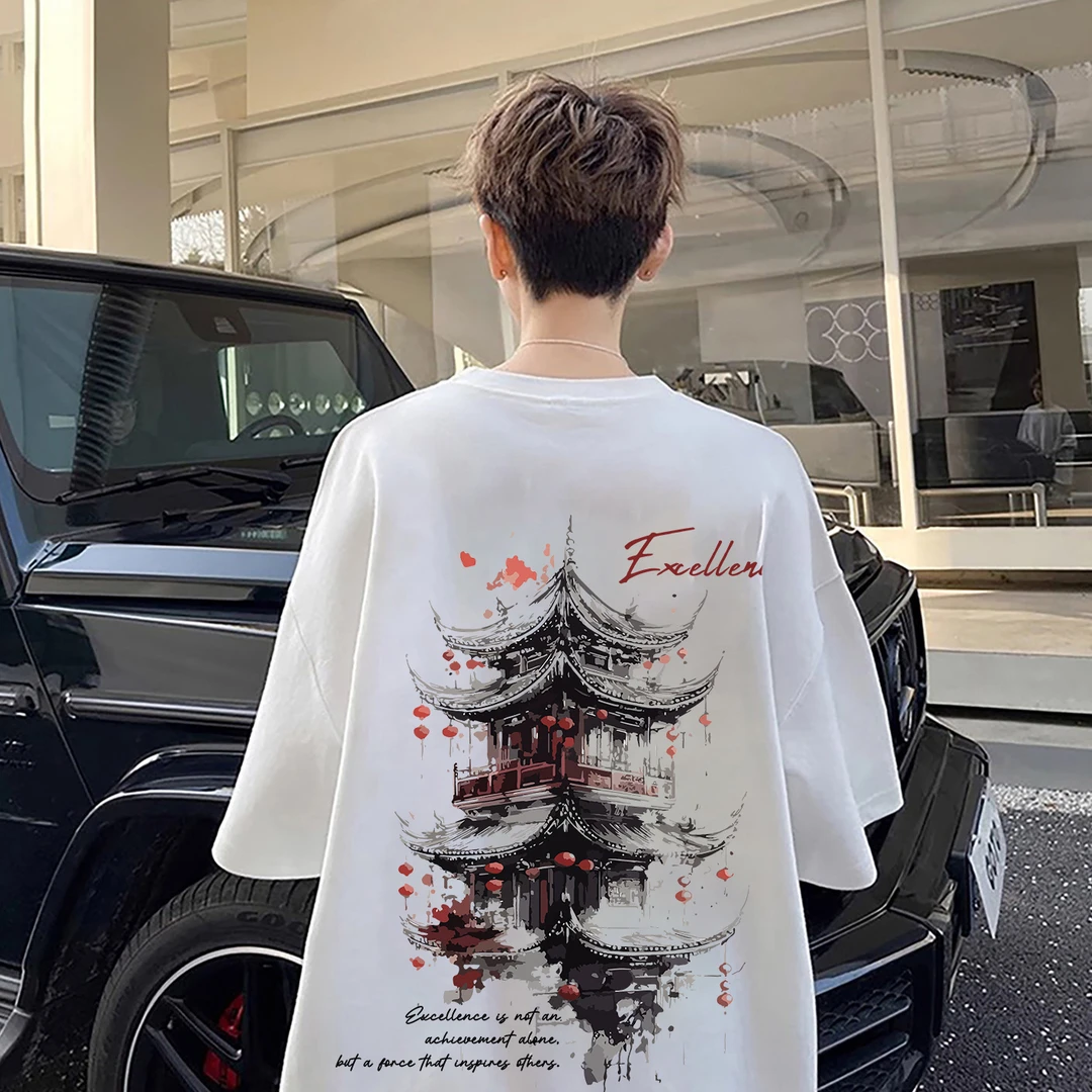 100%纯棉短袖复古宽松国潮T恤ins潮牌夏季圆领百搭夏季男士半袖ii