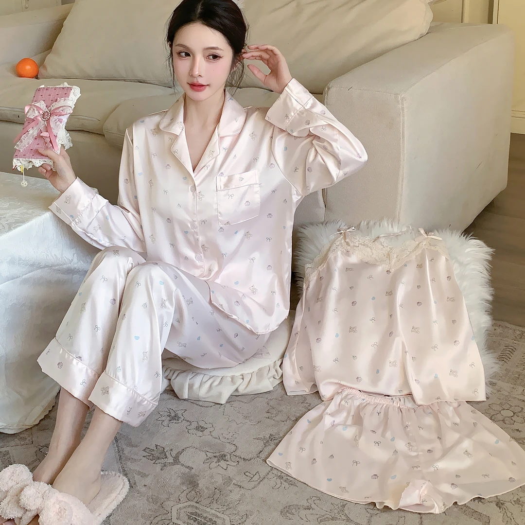 粉红青春女士睡衣四件套长袖长裤春秋大码家居服套装薄款舒适网红