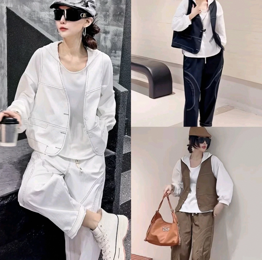 静奢风时尚套装2025秋季新款宽松遮肉无袖V领马甲裤子百搭两件套