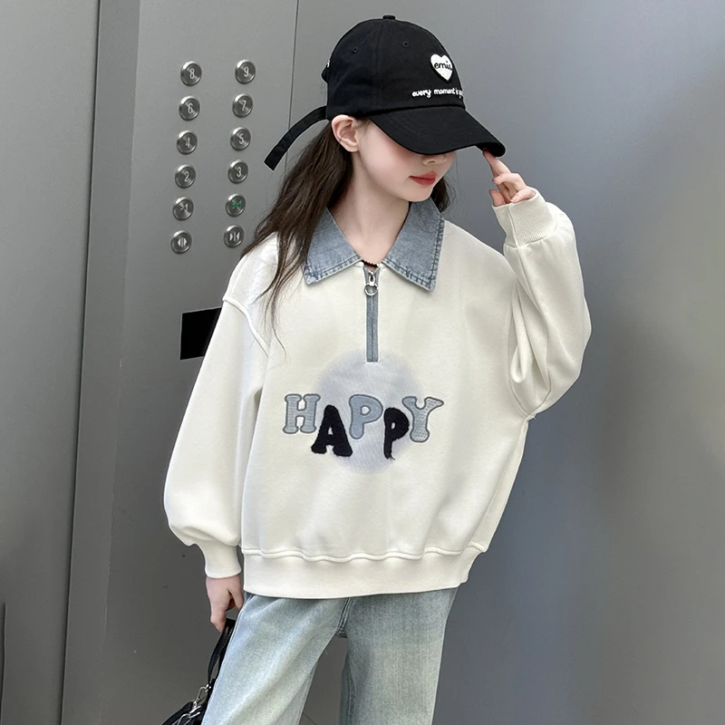 女童翻领卫衣春秋女大童洋气时髦春装休闲上衣初中生半拉链POLO衫