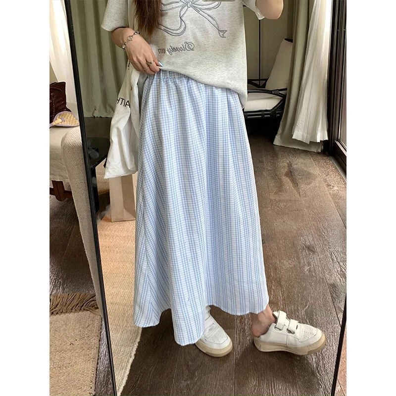 【青苍 】显瘦大摆裙甜美风蓝色格纹半身裙TGW41238