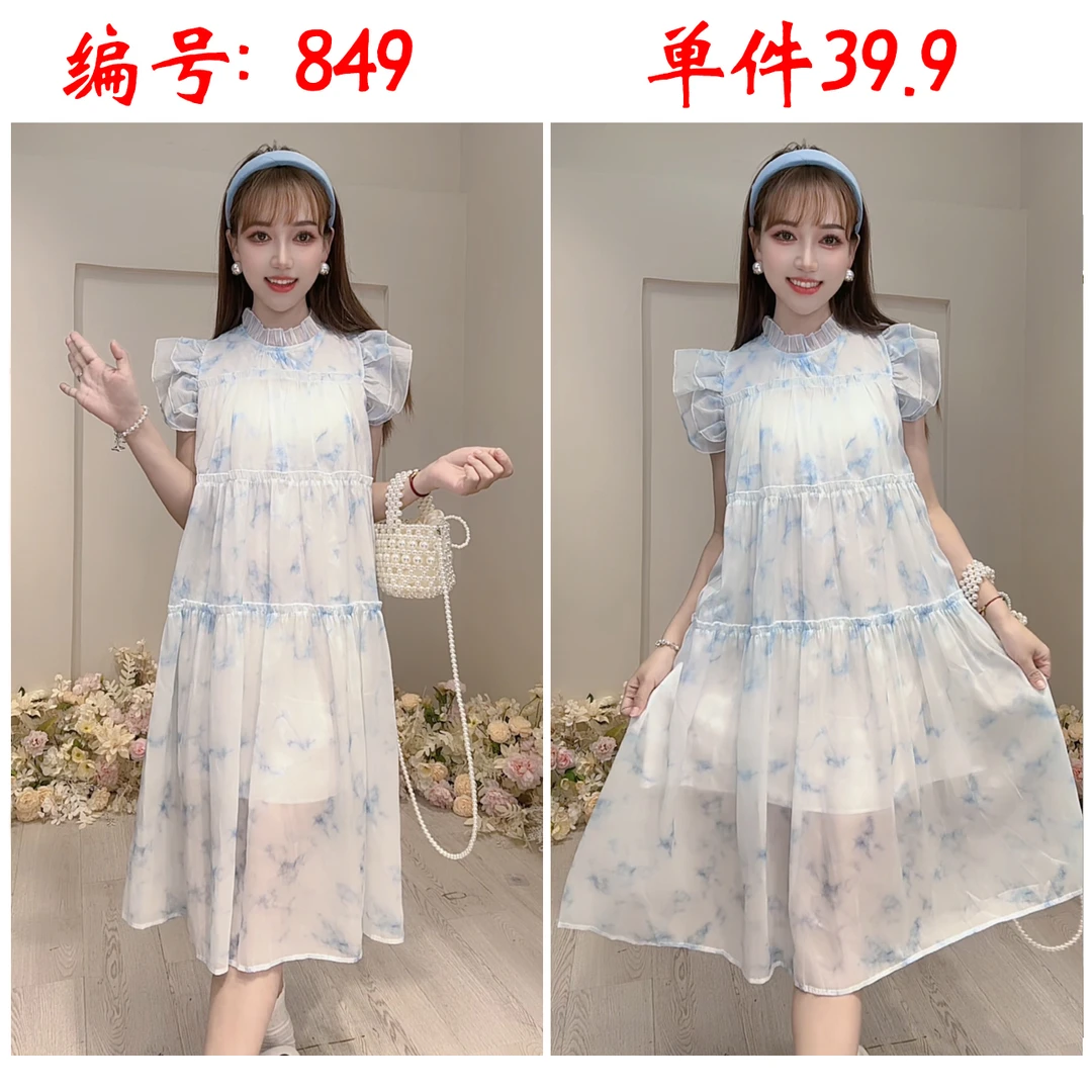 【849】夏款甜美气质清新飞飞袖法式泡泡袖汉服纯色连衣裙长裙套装