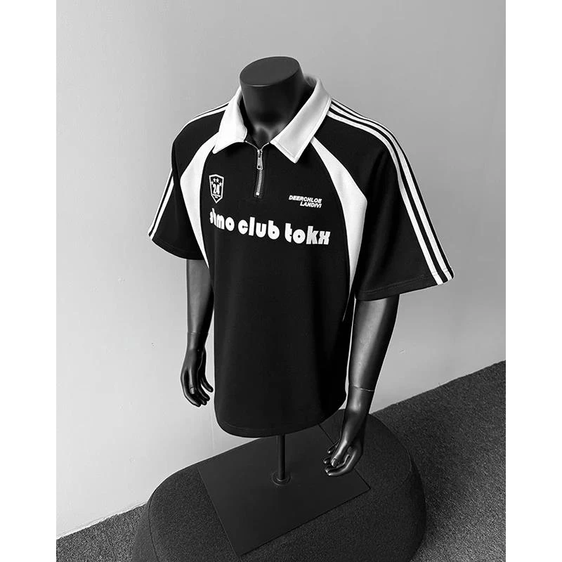 美式半拉链短袖polo衫男款夏季高级感痞帅正肩T恤拼接字母半截袖