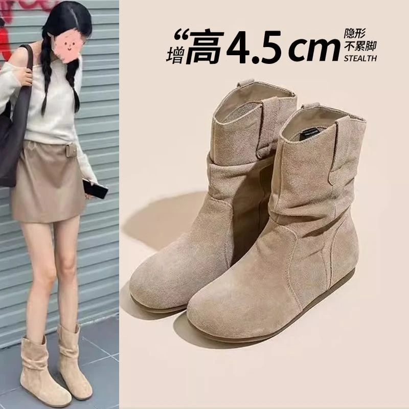 网红堆堆靴2025新款圆头百搭平底西部牛仔靴磨砂皮短靴女春秋单靴